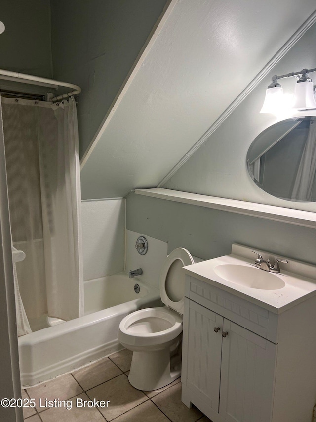 full bathroom featuring tile patterned flooring, vanity, shower / bath combo with shower curtain, and toilet