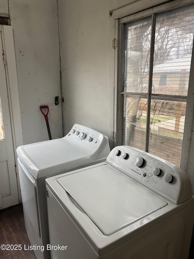 laundry area featuring dark hardwood / wood-style floors and washer and dryer