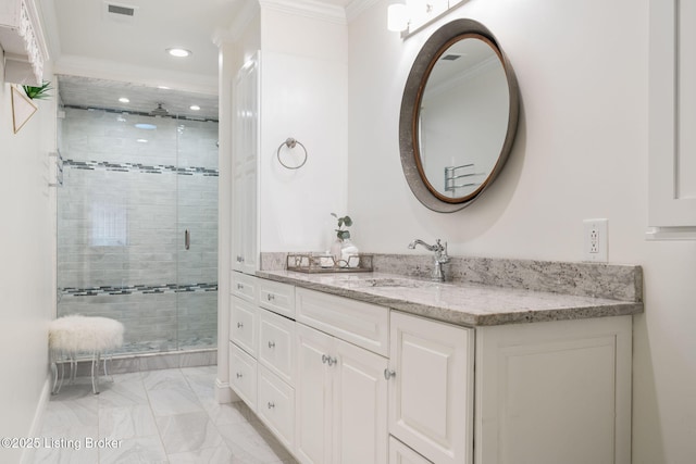 full bathroom with a stall shower, visible vents, ornamental molding, marble finish floor, and vanity