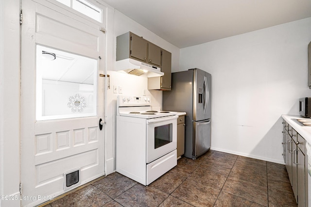 kitchen featuring stainless steel refrigerator with ice dispenser and white electric range oven