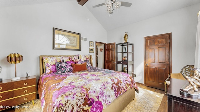 bedroom with light wood-style flooring, visible vents, ceiling fan, and lofted ceiling with beams