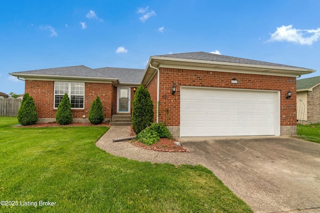 ranch-style house with a garage and a front yard