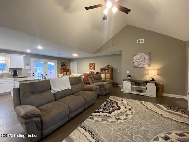 living room featuring dark hardwood / wood-style floors and high vaulted ceiling