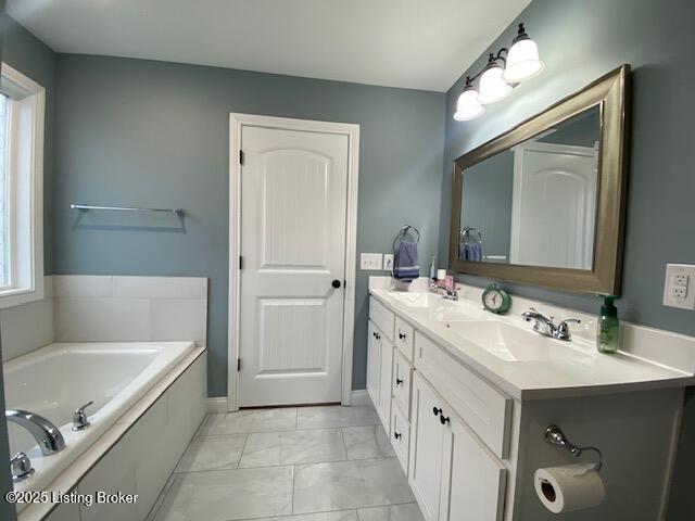 bathroom with vanity and a washtub