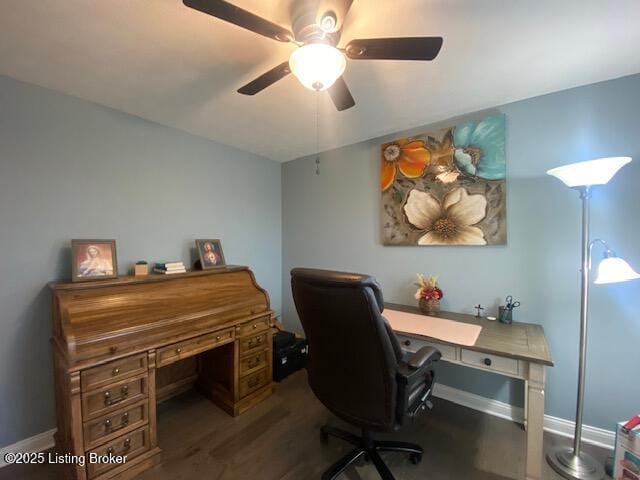 office area with dark hardwood / wood-style flooring and ceiling fan