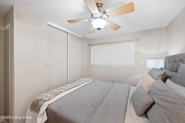 bedroom with ceiling fan and a closet