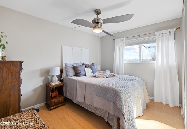 bedroom featuring light hardwood / wood-style floors and ceiling fan