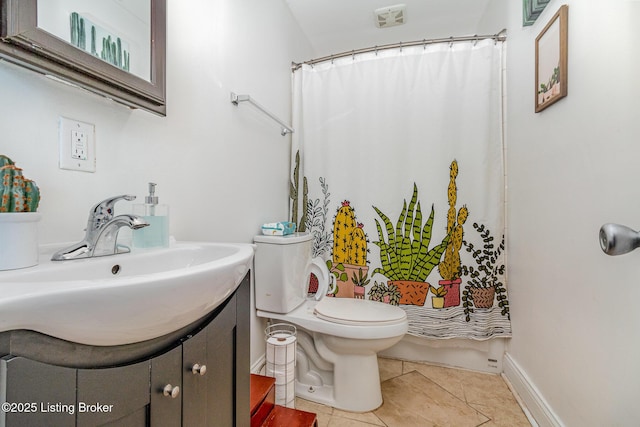 bathroom featuring visible vents, toilet, vanity, tile patterned flooring, and baseboards