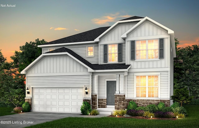 craftsman inspired home with stone siding, roof with shingles, board and batten siding, and concrete driveway