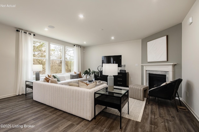 living room with a fireplace and dark hardwood / wood-style floors