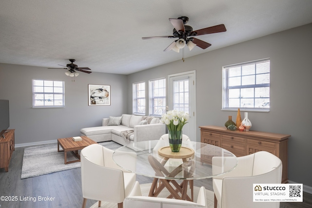 living room with baseboards, wood finished floors, and a healthy amount of sunlight