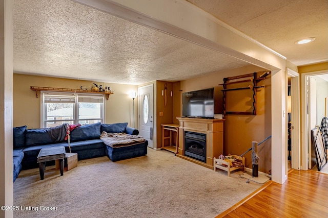 living room with hardwood / wood-style flooring and a textured ceiling