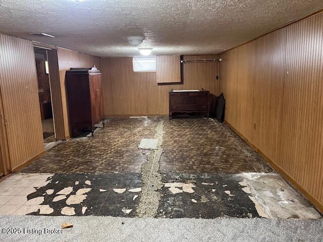 basement featuring a textured ceiling
