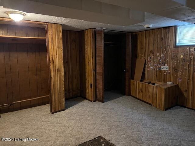 basement featuring wooden walls and carpet floors