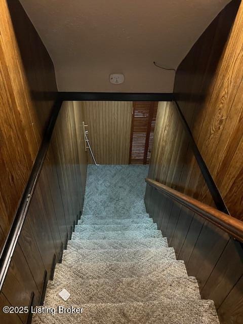 stairs with wooden walls and carpet