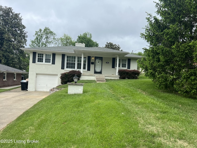 ranch-style house with covered porch, an attached garage, driveway, and a front yard