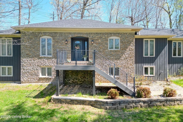 13200 Creekview Rd, Prospect, KY 40059 - back of house featuring a yard, stone siding, board and batten siding, stairway, and roof with shingles