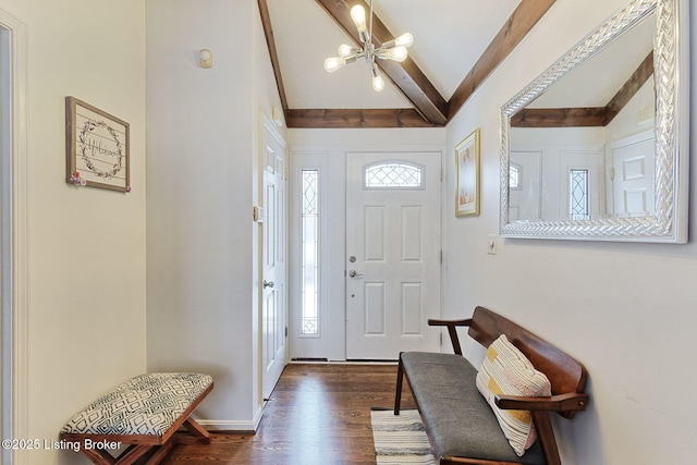 13200 Creekview Rd, Prospect, KY 40059 - entryway with dark wood-style flooring, baseboards, a notable chandelier, and lofted ceiling with beams