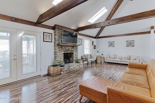 13200 Creekview Rd, Prospect, KY 40059 - living room with a fireplace, beamed ceiling, a skylight, high vaulted ceiling, and wood finished floors