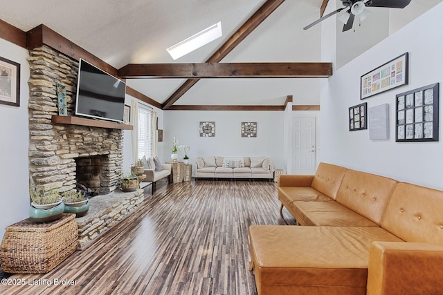 13200 Creekview Rd, Prospect, KY 40059 - living room with a fireplace, a ceiling fan, a skylight, wood finished floors, and beam ceiling