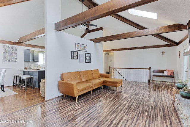 13200 Creekview Rd, Prospect, KY 40059 - living area with a skylight, wood finished floors, beamed ceiling, and ceiling fan