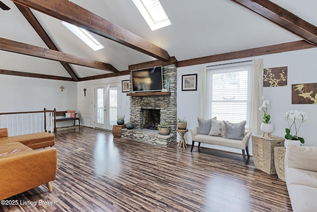 13200 Creekview Rd, Prospect, KY 40059 - living area featuring a skylight, wood finished floors, a fireplace, and beam ceiling