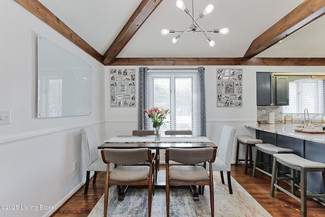 13200 Creekview Rd, Prospect, KY 40059 - dining room featuring dark wood-type flooring, baseboards, vaulted ceiling with beams, and a chandelier