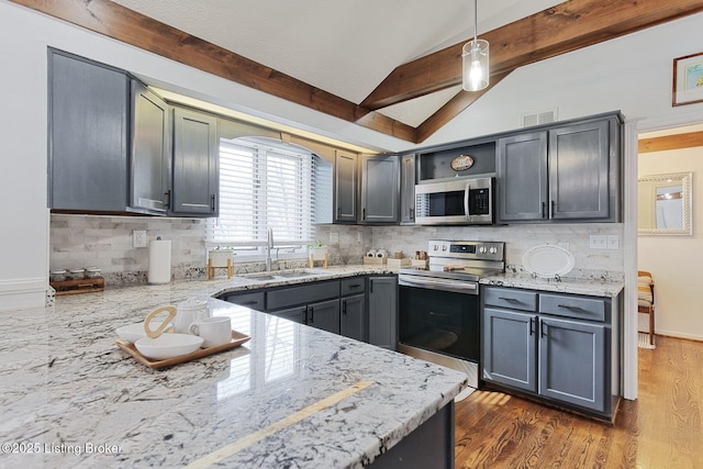 13200 Creekview Rd, Prospect, KY 40059 - kitchen with stainless steel appliances, vaulted ceiling with beams, dark wood-style flooring, and a sink