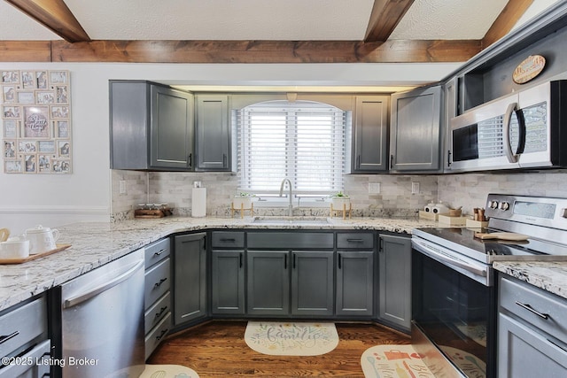 13200 Creekview Rd, Prospect, KY 40059 - kitchen featuring dark wood-type flooring, tasteful backsplash, a sink, stainless steel appliances, and beam ceiling