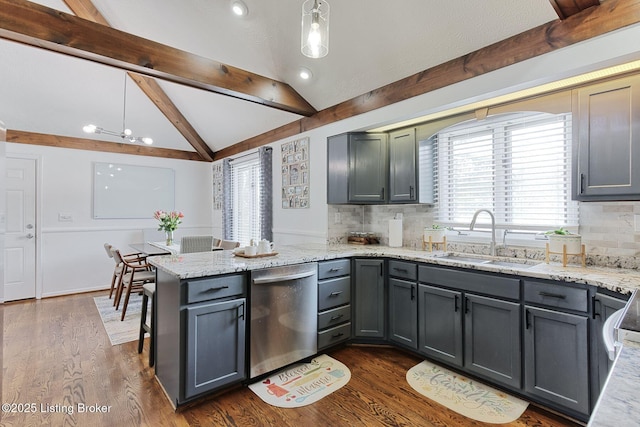 13200 Creekview Rd, Prospect, KY 40059 - kitchen featuring stainless steel dishwasher, lofted ceiling with beams, a peninsula, dark wood-style flooring, and a sink