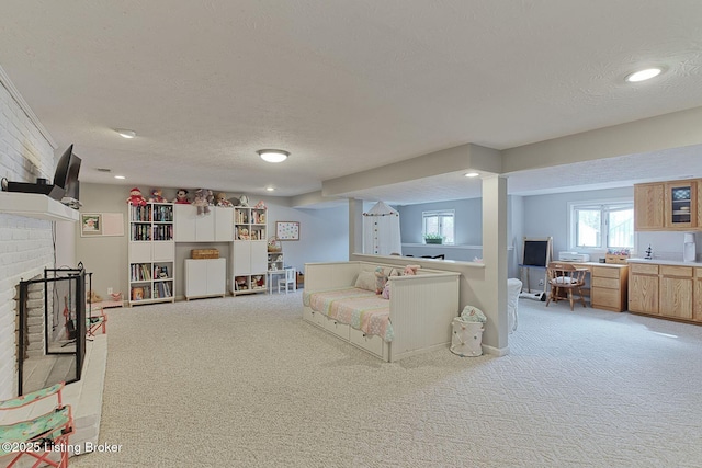 13200 Creekview Rd, Prospect, KY 40059 - living room featuring a fireplace, recessed lighting, light carpet, and a textured ceiling