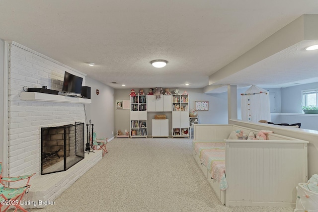 13200 Creekview Rd, Prospect, KY 40059 - living room with a textured ceiling, a fireplace, and carpet