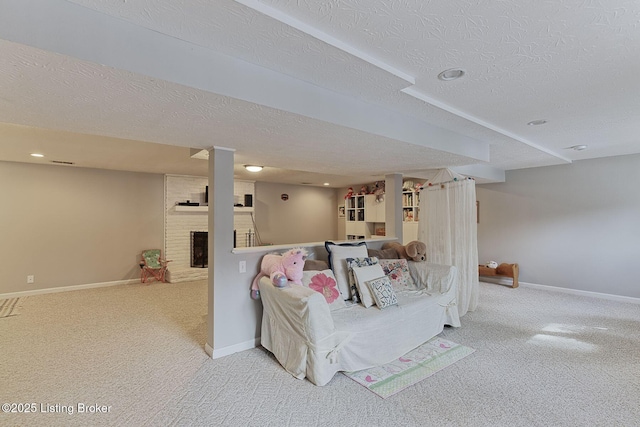 13200 Creekview Rd, Prospect, KY 40059 - carpeted living area with a brick fireplace, baseboards, a textured ceiling, and visible vents