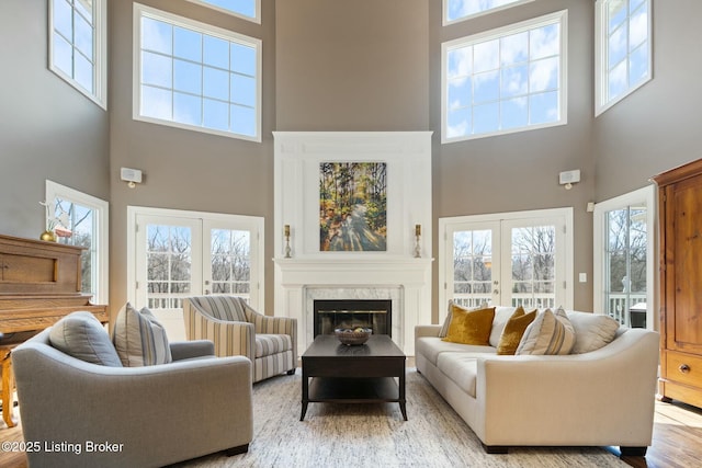 living area with plenty of natural light, a premium fireplace, and french doors