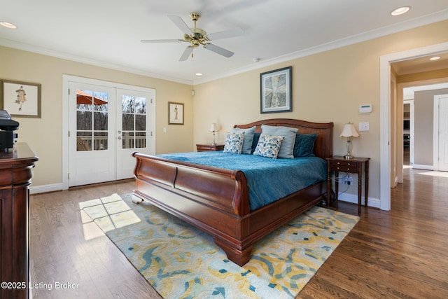 bedroom featuring ornamental molding, access to outside, and wood finished floors