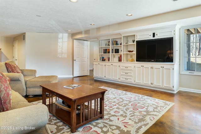 living area with a textured ceiling, recessed lighting, visible vents, and baseboards