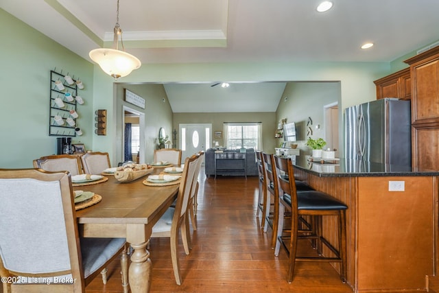 dining area with dark wood-type flooring, lofted ceiling, and a raised ceiling