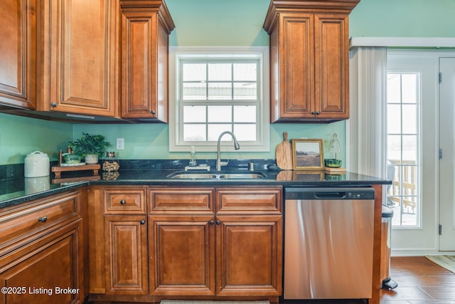 kitchen featuring sink, stainless steel dishwasher, and dark stone counters