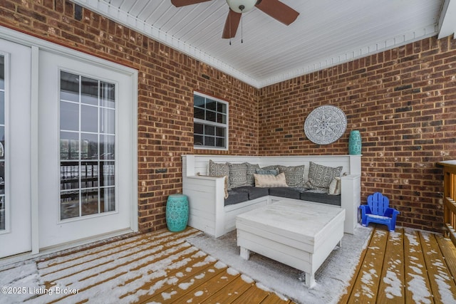 exterior space featuring an outdoor hangout area, ceiling fan, and a porch