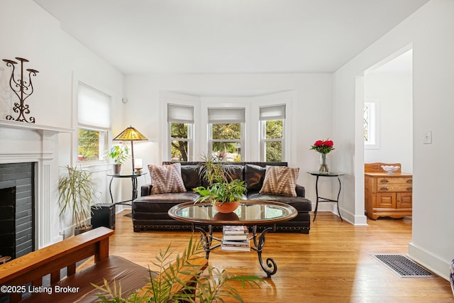 living room featuring a fireplace and light hardwood / wood-style floors