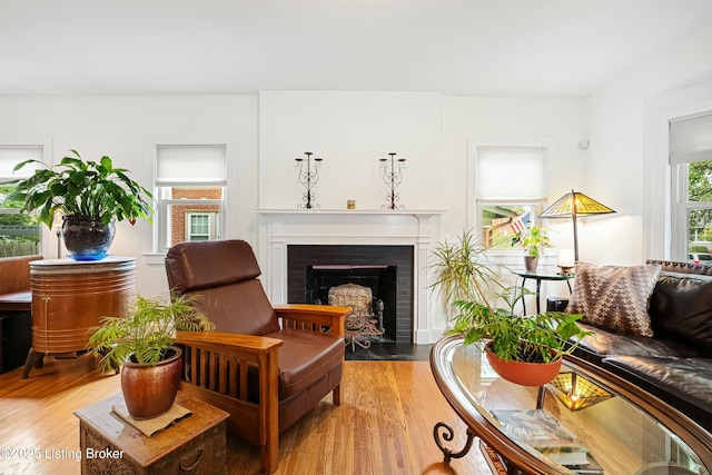 sitting room with a brick fireplace and light hardwood / wood-style floors