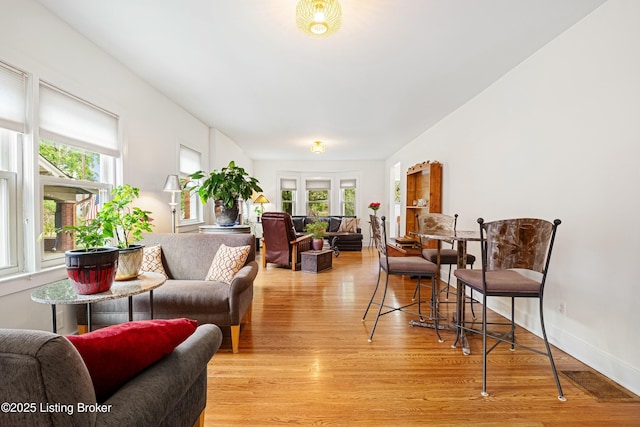 living room with a wealth of natural light and light hardwood / wood-style floors