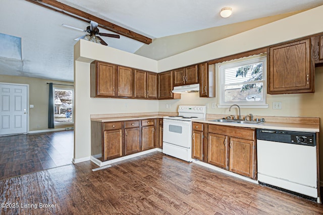 kitchen featuring dark hardwood / wood-style flooring, sink, white appliances, ceiling fan, and lofted ceiling with beams