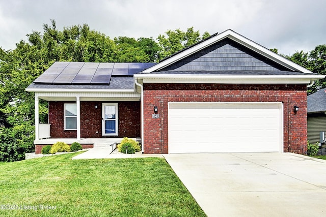 view of front facade featuring covered porch, solar panels, a front lawn, and brick siding