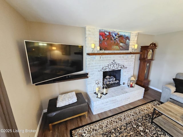 living room with hardwood / wood-style floors and a fireplace