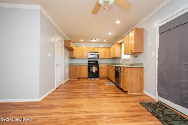 kitchen with black range oven, dishwasher, light hardwood / wood-style floors, crown molding, and light brown cabinets