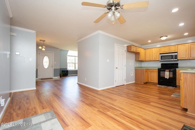 kitchen with black range with electric stovetop, crown molding, and light hardwood / wood-style floors