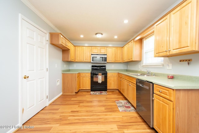 kitchen with crown molding, stainless steel appliances, sink, and light brown cabinets