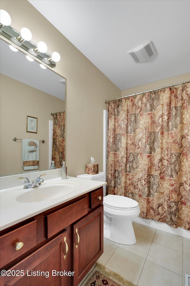 full bathroom with vanity, visible vents, curtained shower, tile patterned floors, and toilet