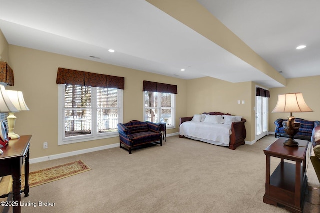 bedroom with recessed lighting, baseboards, and carpet flooring